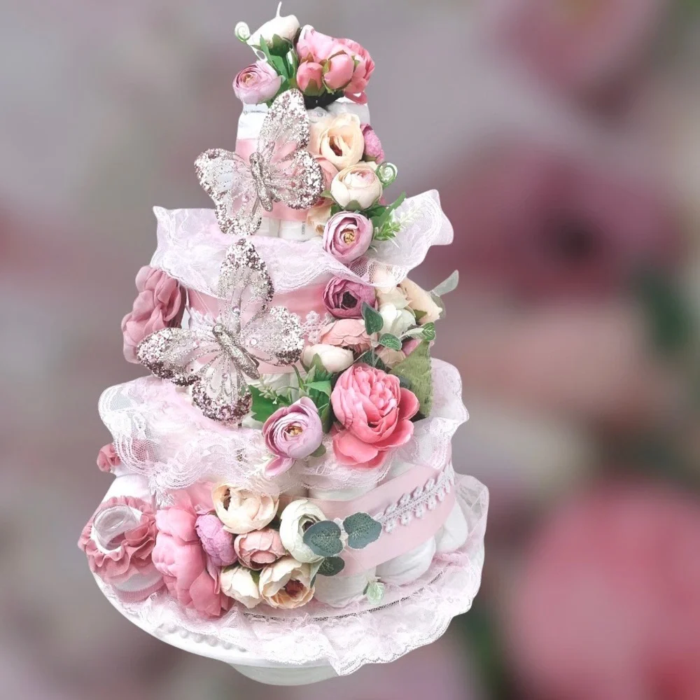 Peonies Diaper Cake, Butterflies Diaper Cake